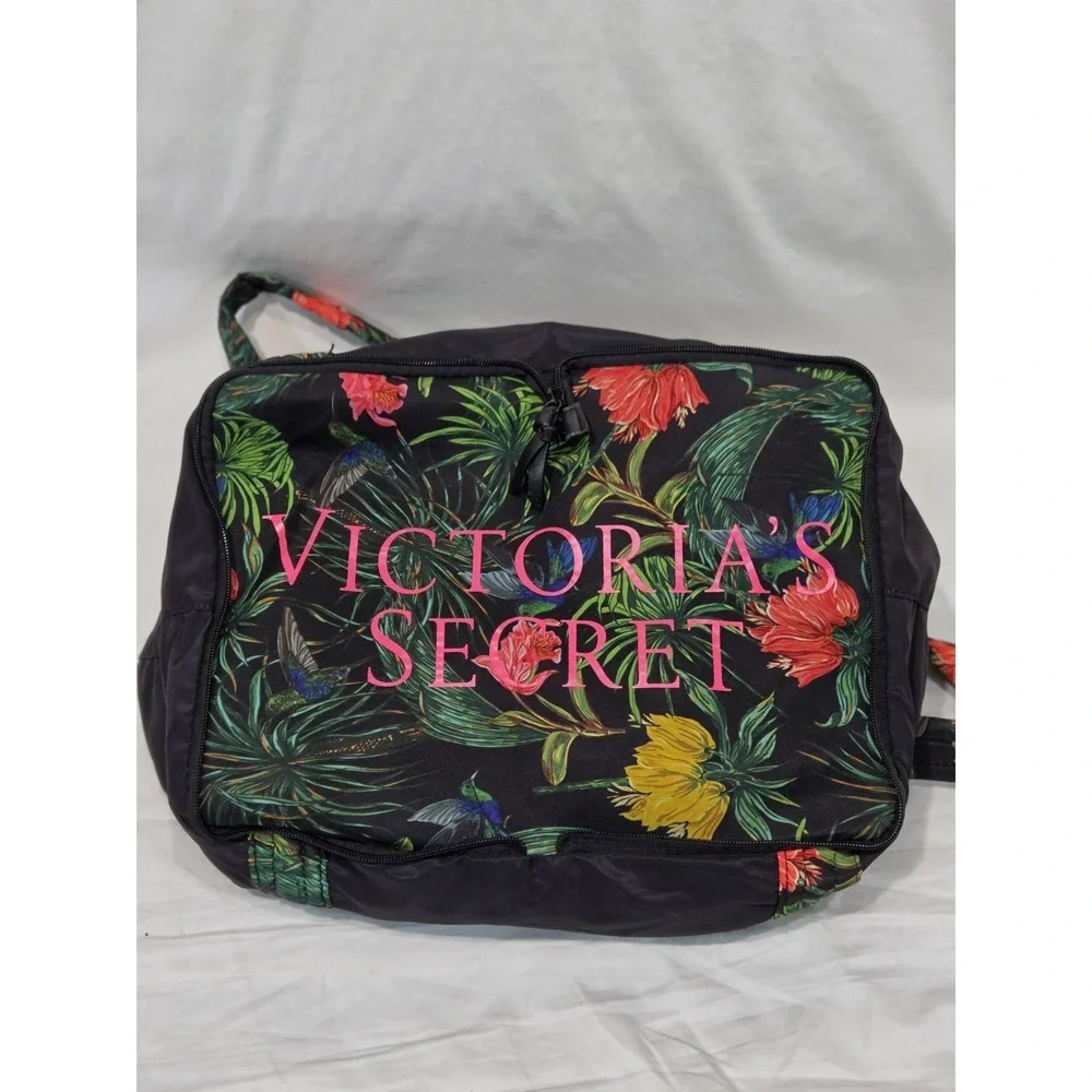 Victoria's Secret Packable Weekender Tote Gym Bag Black W Tropical Floral Handle